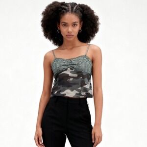 Mixed Threads Camouflage Lace Knit Camisole Crochet Crop Top Army Green Size M